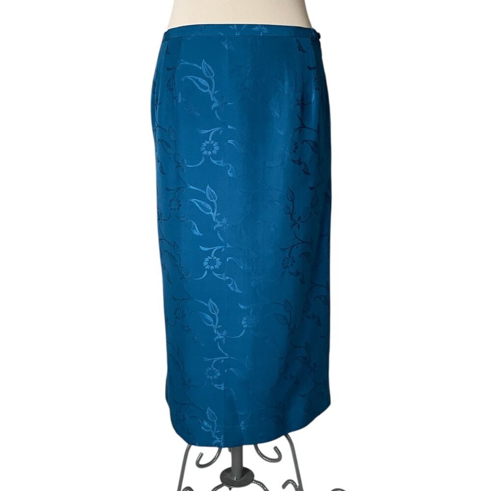 Talbots 100% Silk Teal Floral Pencil Skirt, Size 12